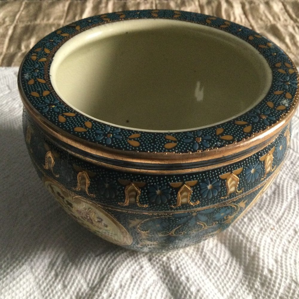 Beautiful Hand painted small planter vase bowl blue 3.75" x 4.75"